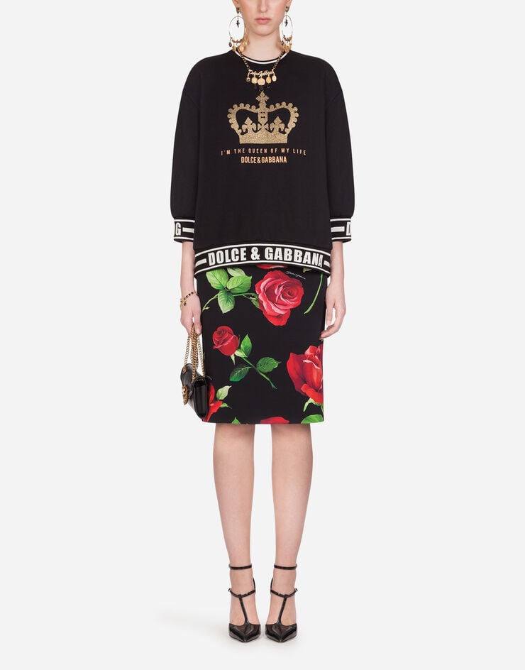 Dolce & Gabbana SHORT SWEATSHIRT WITH I'M THE QUEEN OF MY LIFE PRINT NERO F9A54TG7TAR