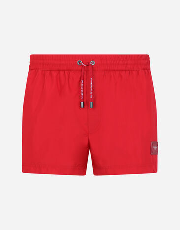 Dolce&Gabbana Short swim trunks with branded plate Red G5IF1THI1KW