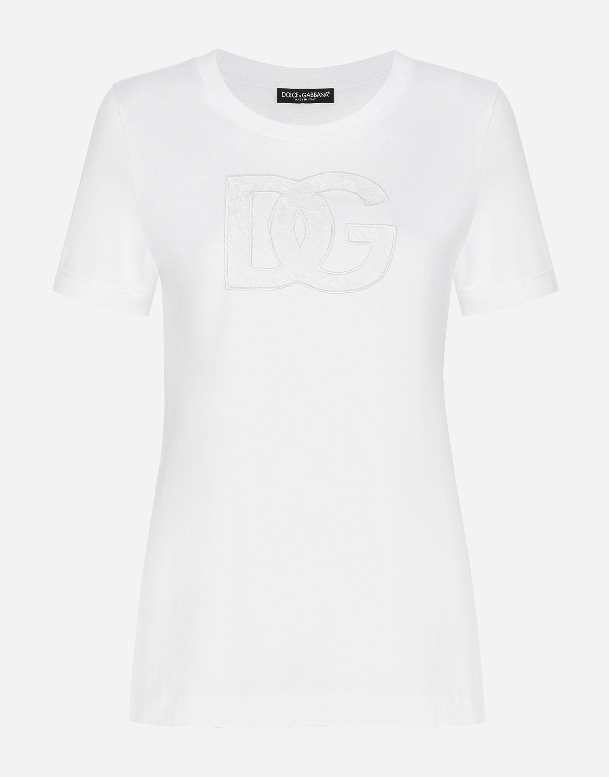 Dolce & Gabbana T-Shirt aus Jersey mit DG-Logopatch Weiss F8T00ZGDCBT