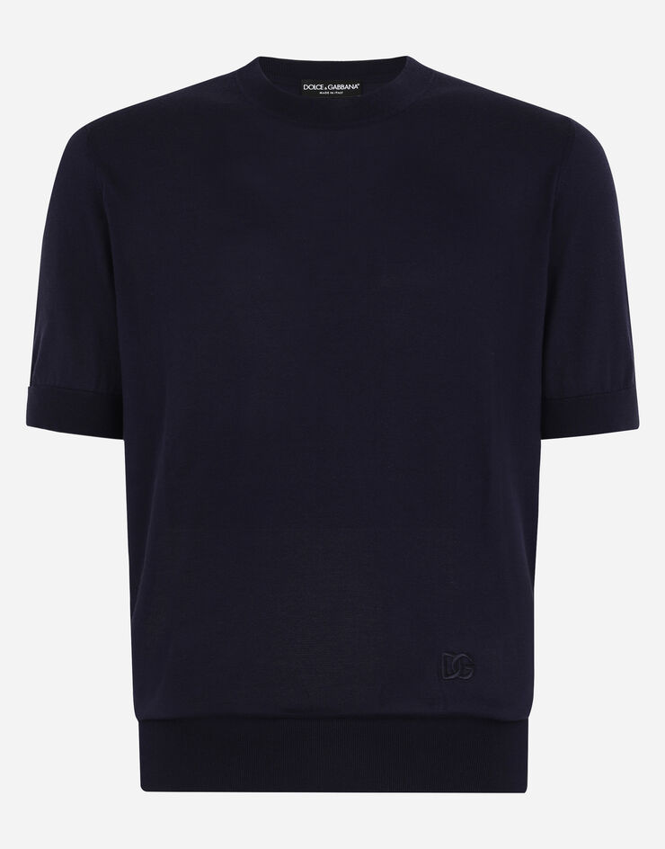 Dolce & Gabbana سترة حرير بياقة دائرية وتطريز DG أزرق GXX03ZJBSF8