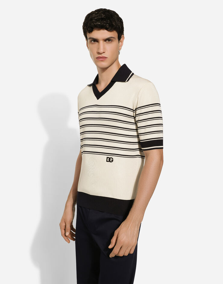 Dolce & Gabbana Striped silk V-neck polo-shirt with DG logo Cream GXZ11ZJBSG4