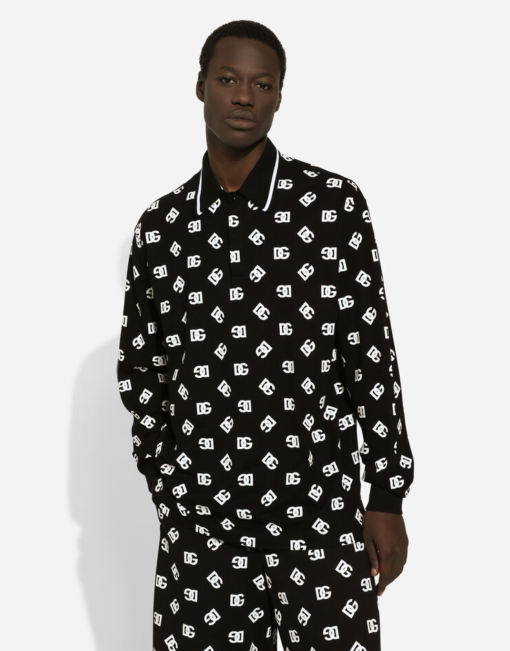 Dolce & Gabbana Langarm-Poloshirt aus Baumwolle DG Monogram Schwarz G8RL5TG7L5D