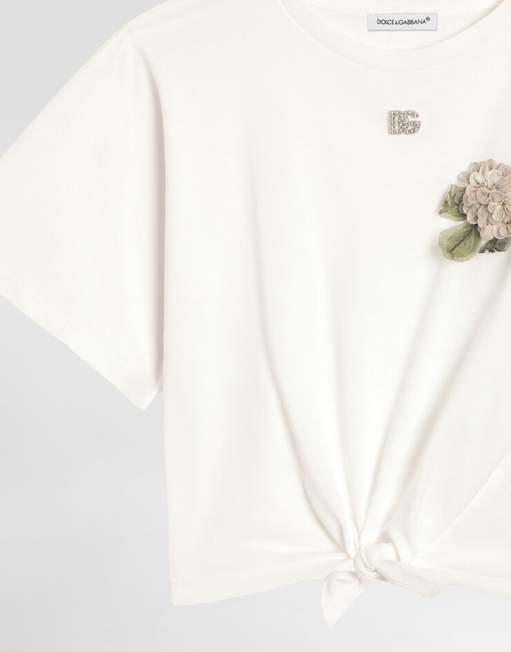 Dolce & Gabbana Jersey t-shirt with floral embellishments and DG logo White L5JTPVG7PQN