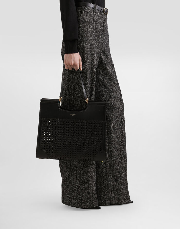 Dolce & Gabbana Shopping Sicily in straw and calfskin weave Black BB7727B9S67