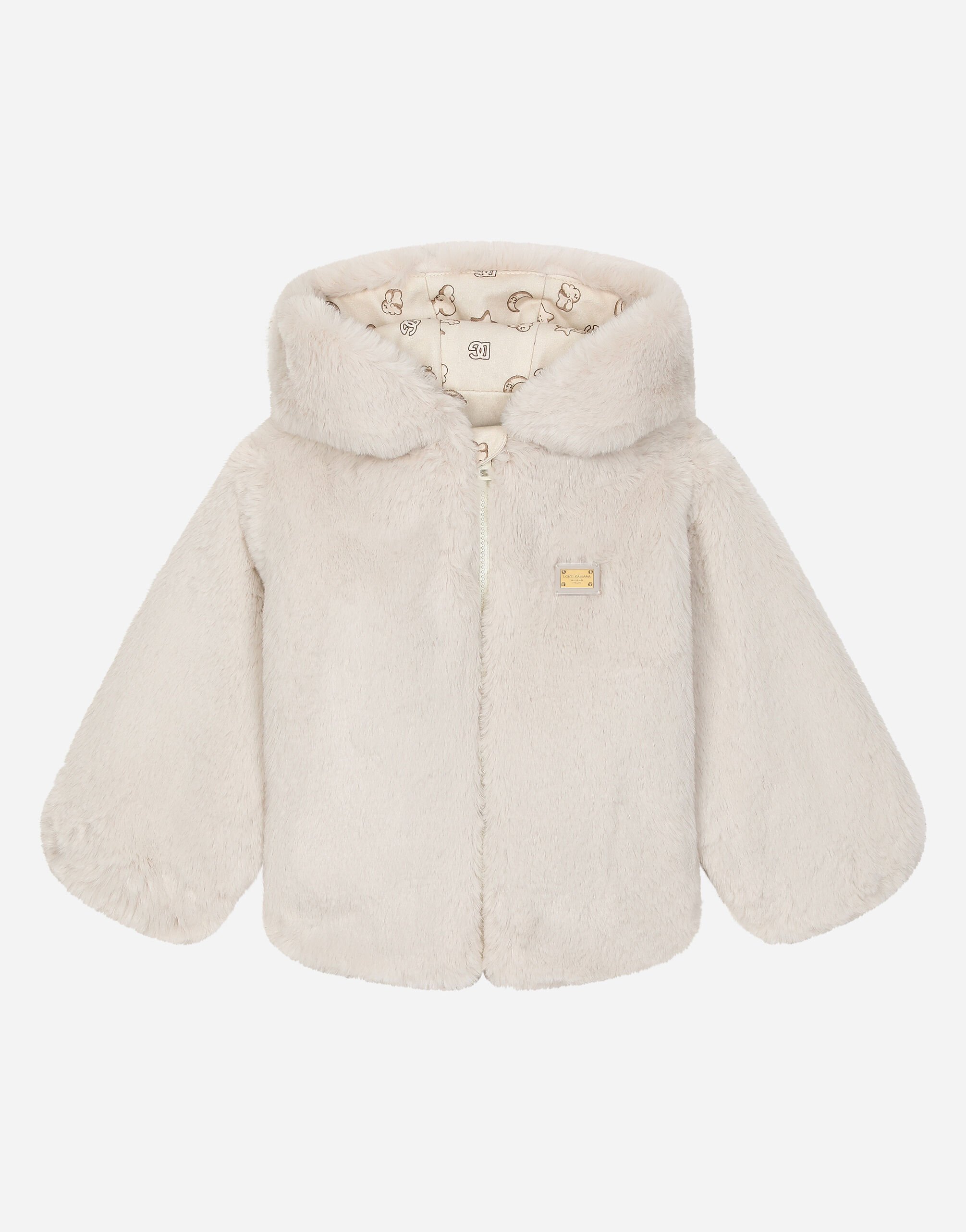 Faux fur jacket with 3D ears and branded tag in Beige for Boys Dolce Gabbana