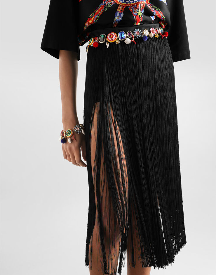 Dolce & Gabbana Long fringed skirt in satin Black F4DGATGDDZX