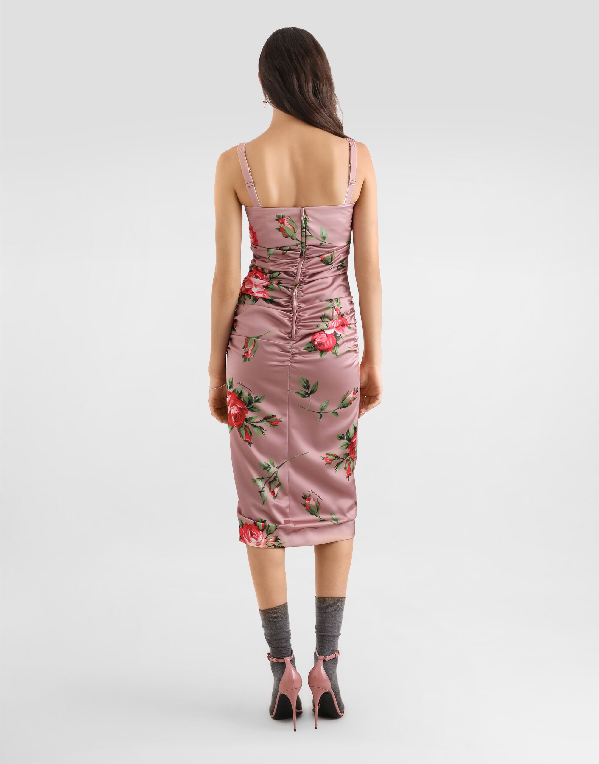 Rose bouquet-print satin dress in Multicolor for Women