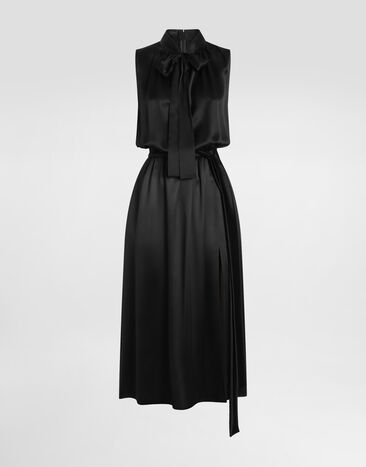 Dolce & Gabbana Satin calf-length dress with pussy-bow Black F6JTETFU1AU
