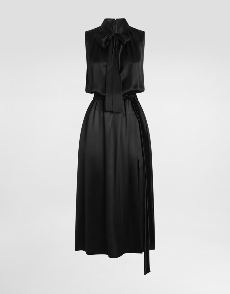 Dolce & Gabbana Satin calf-length dress with pussy-bow Black F6JTETFU1AU
