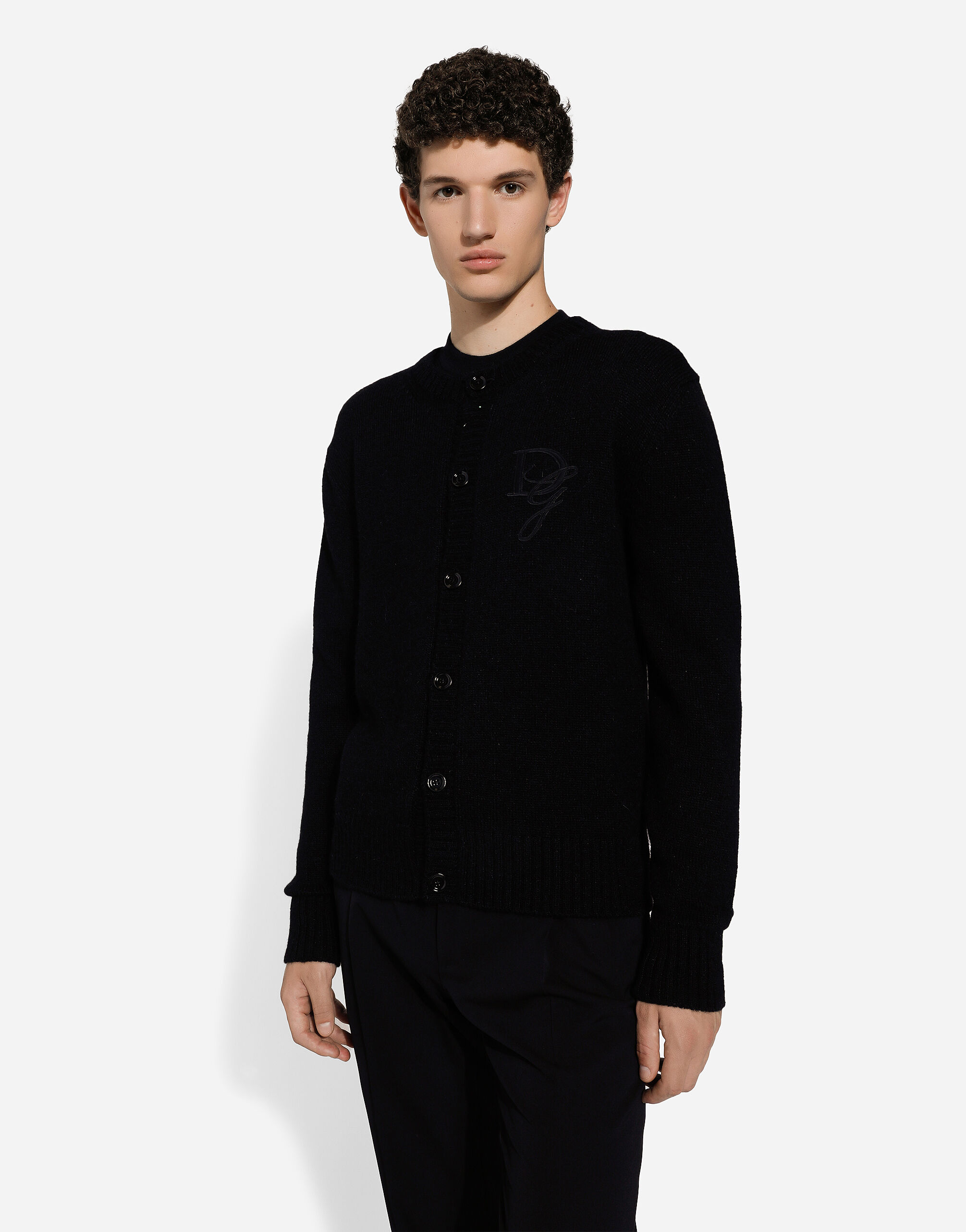 Round-neck wool cardigan with DG embroidery in Black for Men
