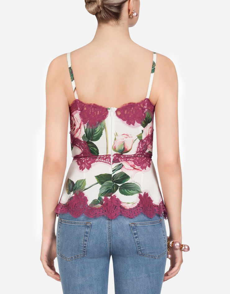 Dolce & Gabbana TROPICAL ROSE PRINT CHARMEUSE TOP WITH SHOULDER STRAPS AND LACE DETAILS IMPRIMÉ FLEURI F74E1TFSAZD