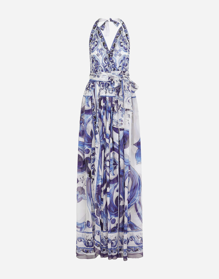 Dolce & Gabbana Long sleeveless chiffon dress with majolica print Multicolor F6ALPTHI1BX