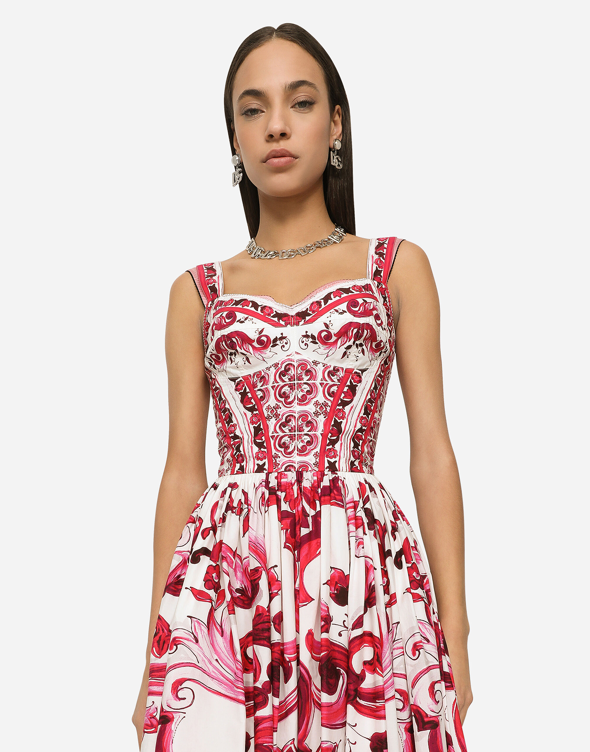 Calf-length bustier dress in Majolica-print poplin in Multicolor for Women  | Dolce&Gabbana® US