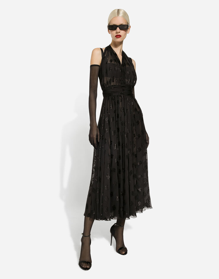 Dolce & Gabbana Dévoré satin calf-length dress with all-over DG logo Black F6DLMTFJTBR