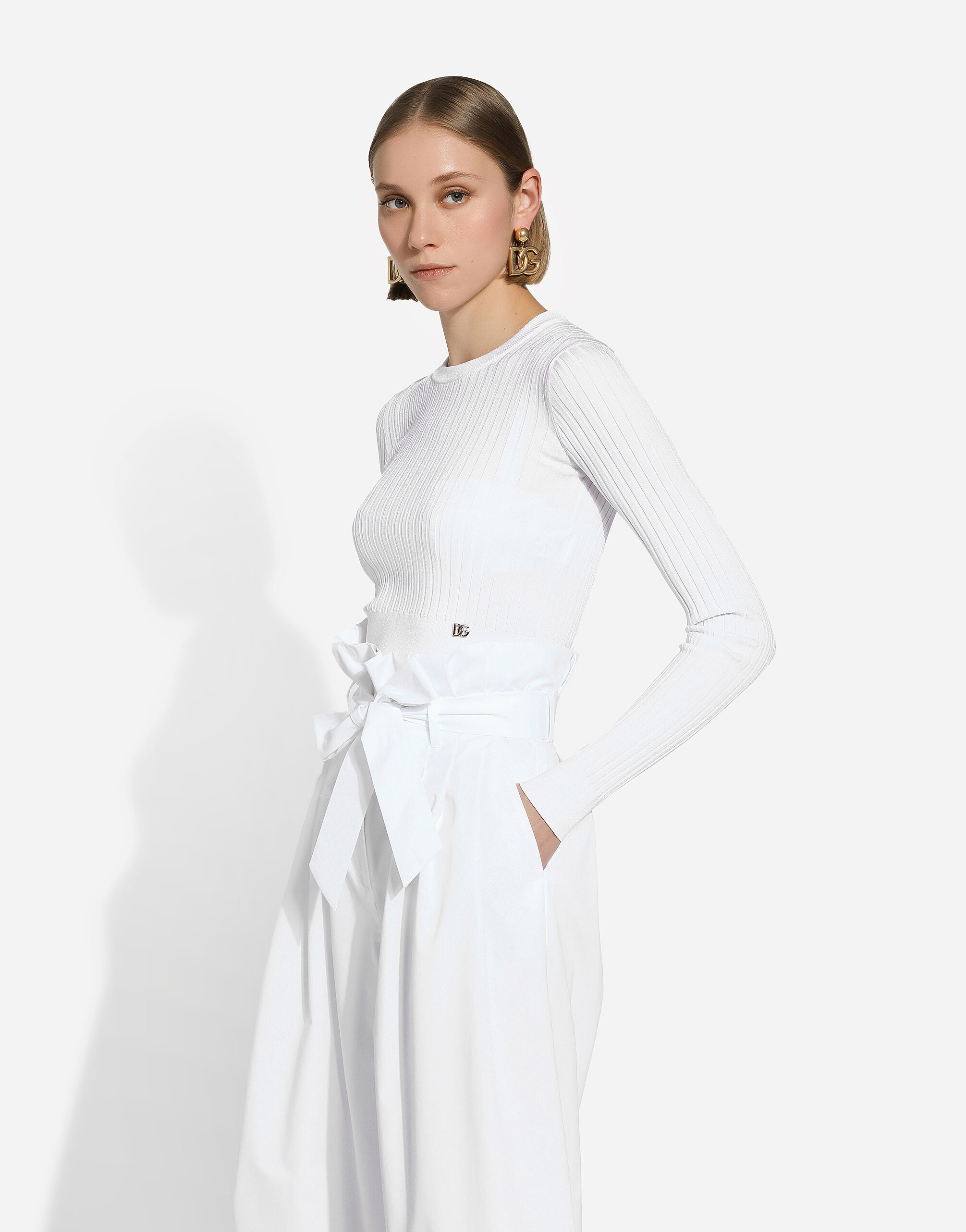 Ribbed viscose sweater with metal DG logo pin in White for Women