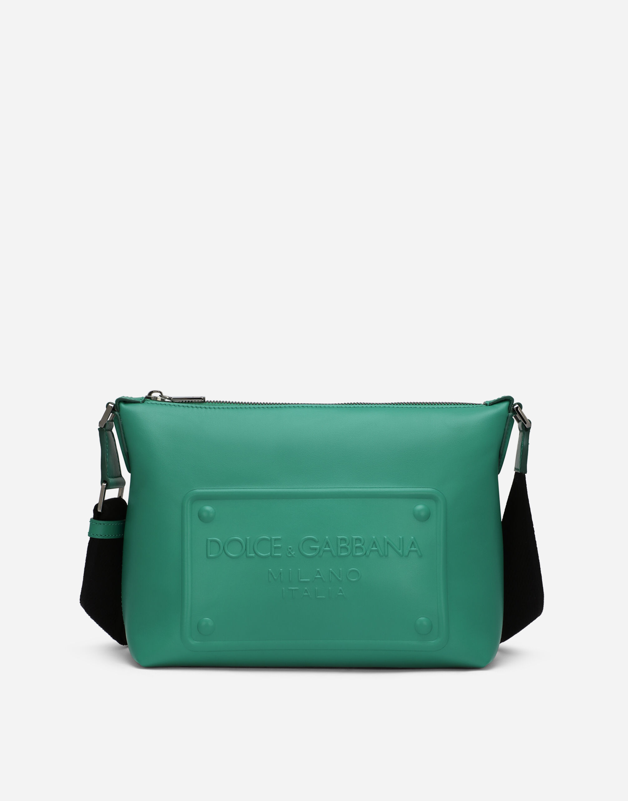 Calfskin crossbody bag with raised logo in Green for for Men