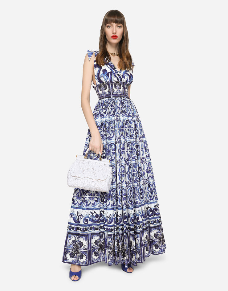 Dolce&Gabbana Langes Kleid aus Popeline Majolika-Print Mehrfarbig F6ADOTHH5AP