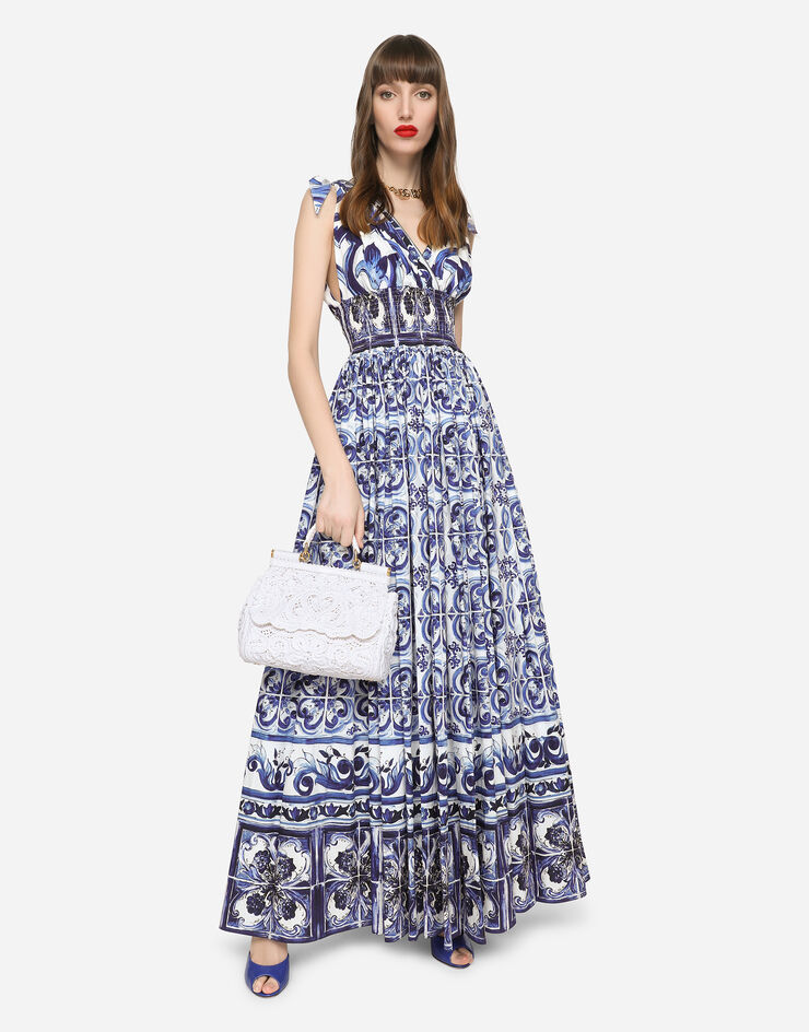Dolce&Gabbana Vestido largo de popelina con estampado de mayólica Multicolor F6ADOTHH5AP