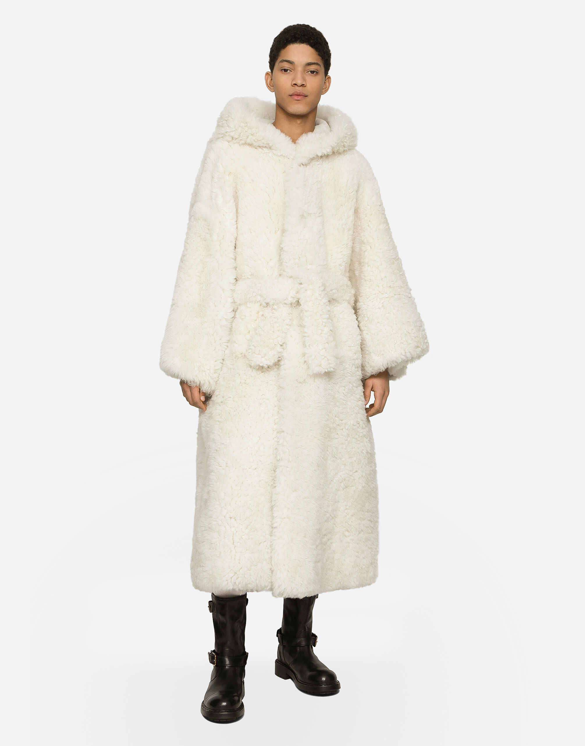 Shearling coat with hood in White for Men Dolce Gabbana US