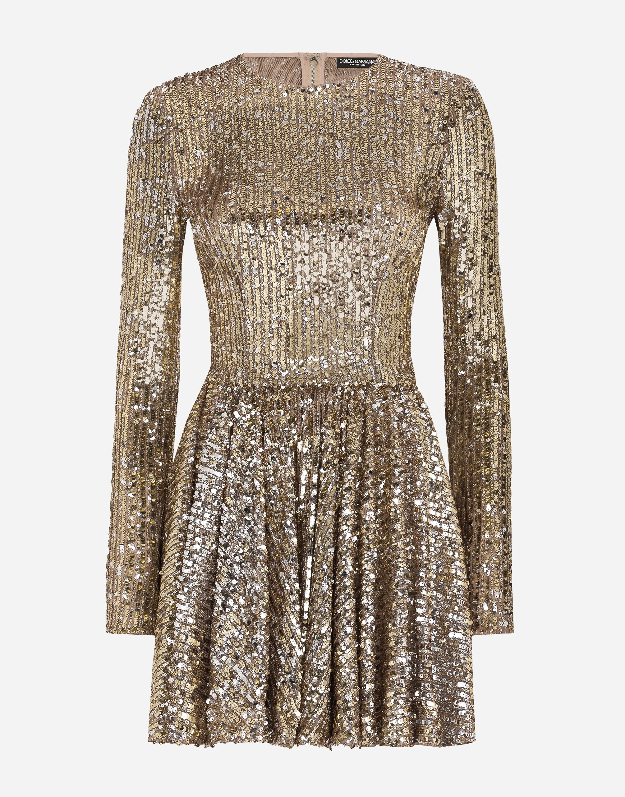 Dolce & Gabbana Short sequined dress with circle skirt Gold F6DFCTFLMII