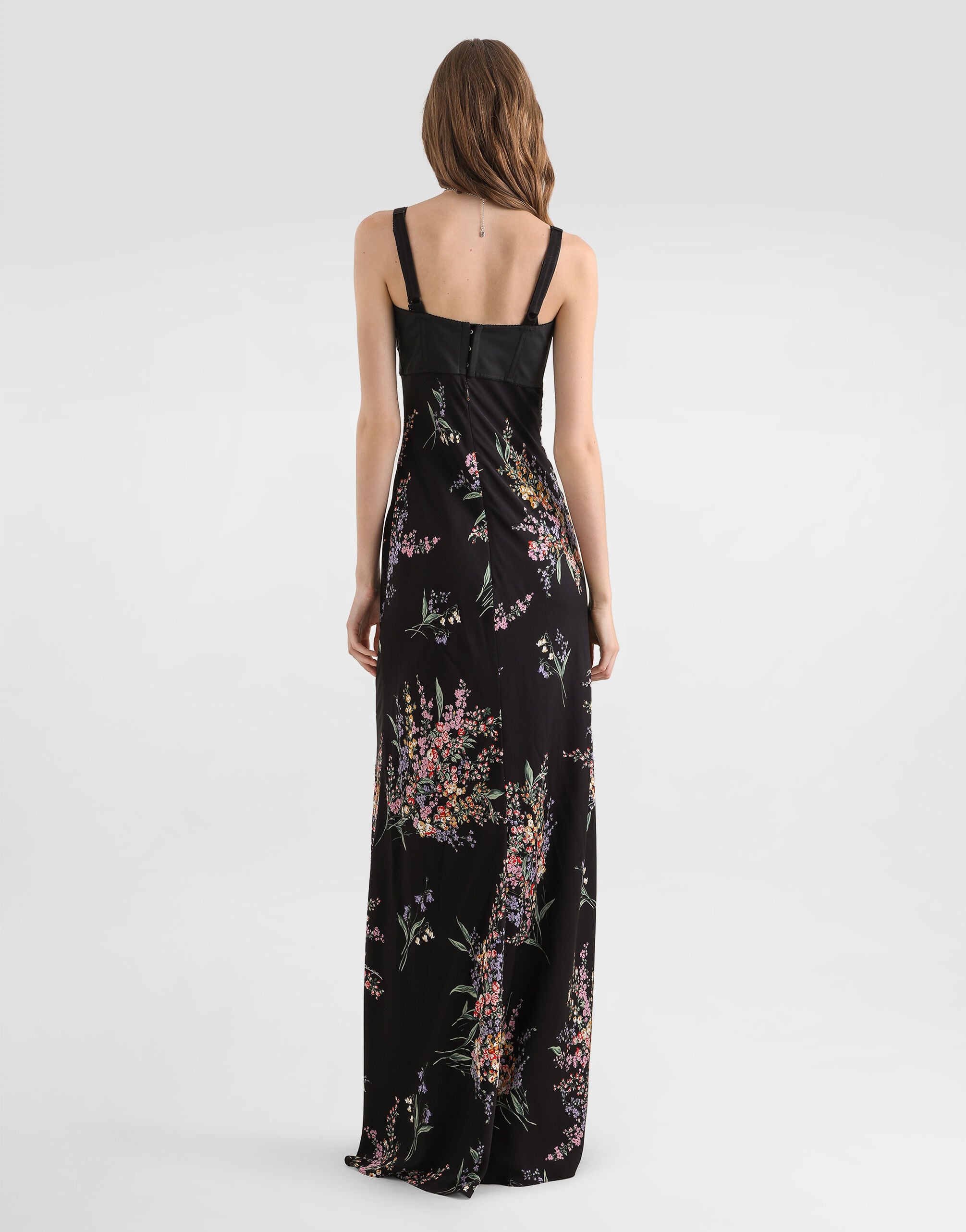 Flower bouquets-print long charmeuse dress in Multicolor for Women