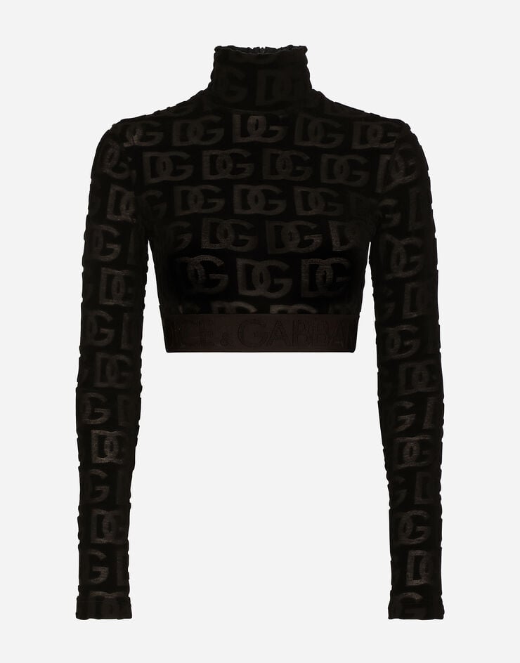 Dolce & Gabbana Long-sleeved jersey jacquard top with DG logo Black F8R52TFJ7DM