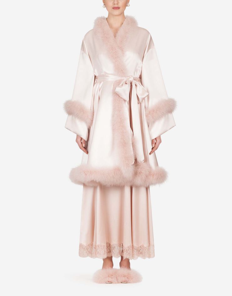 Dolce & Gabbana SHORT SILK ROBE WITH MARABOU EDGINGS PINK F0Y82ZFU1NU