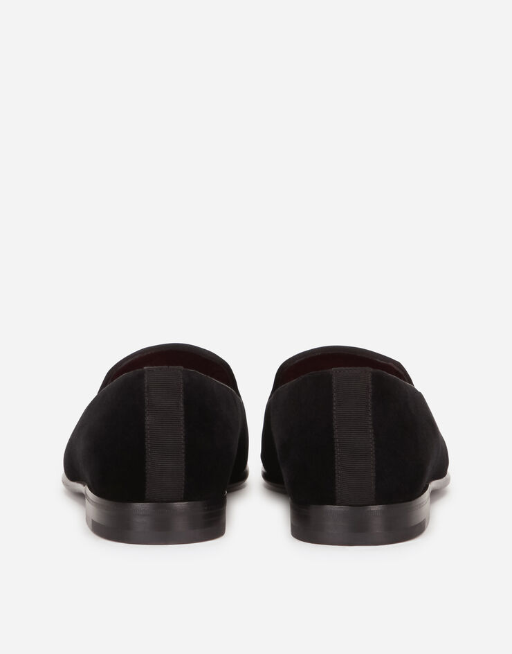 Dolce & Gabbana Slipper de terciopelo con blasón bordado Negro/Plateado A50433AO249
