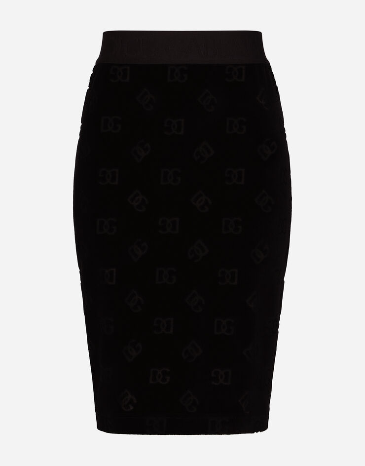 Dolce & Gabbana Flocked jersey midi skirt with all-over DG logo Black F4CJUTFJ7DL