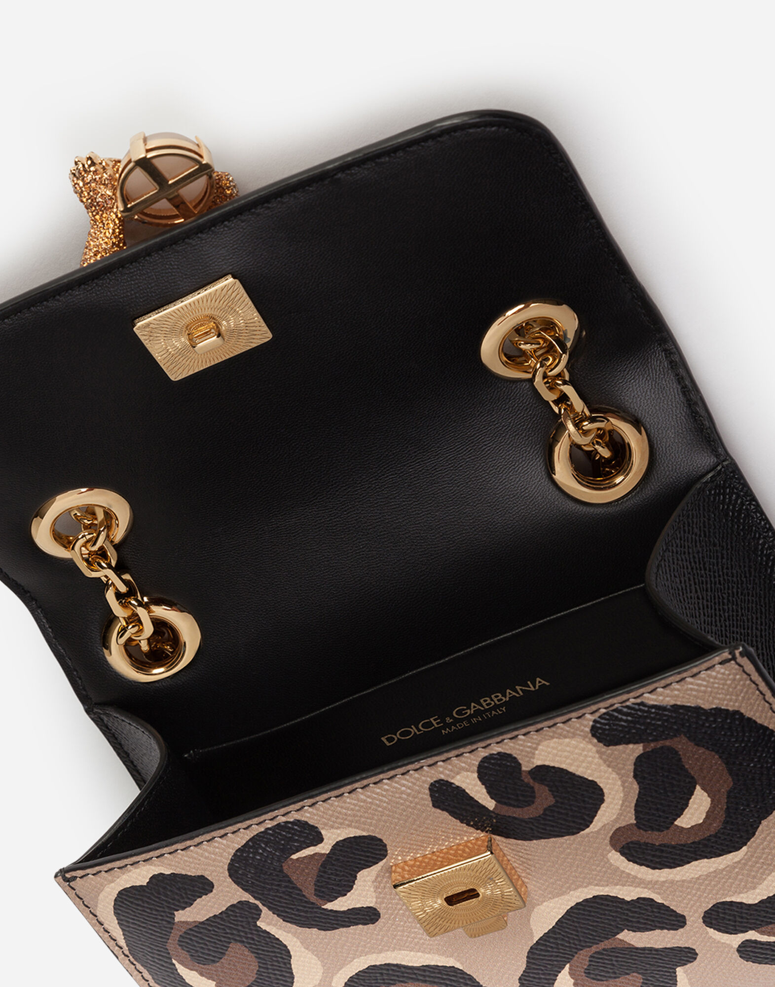 Small jungle bag in calfskin with DG leo print and bejeweled closure