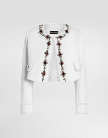 Dolce & Gabbana Short tweed jacket with jewel embroidery White F26X8ZHUMUA