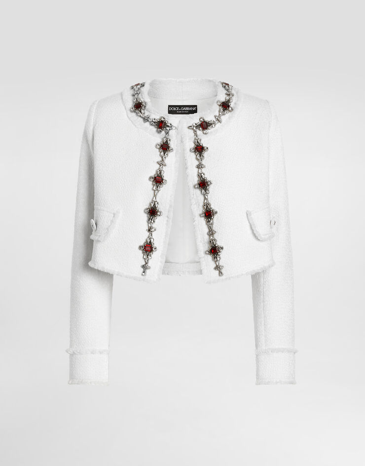 Dolce & Gabbana Short tweed jacket with jewel embroidery White F26X8ZHUMUA