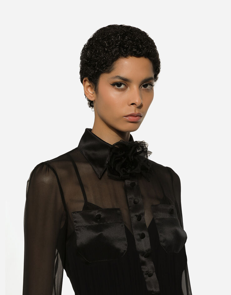 Dolce & Gabbana Longuette-Kleid im Hemdblusenstil aus Chiffon mit Satindetails Black F6IAJTFU1AT