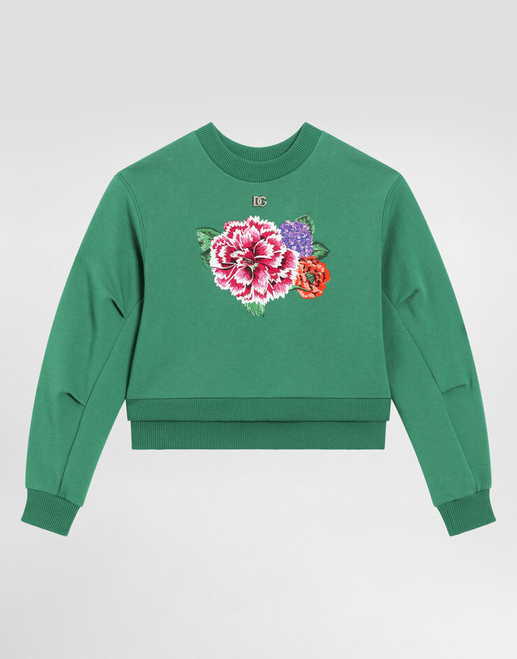 Dolce & Gabbana Round-neck sweatshirt with flower and DG logo Green L5JWBSG7O2B