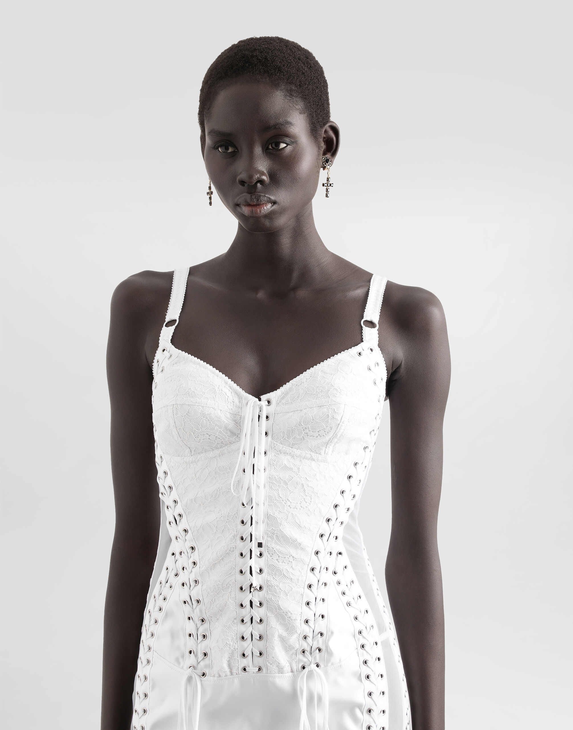 Calf-length dress with corset detailing in White for Women