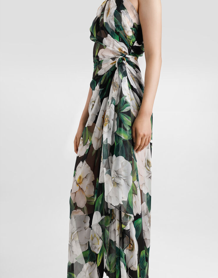 Dolce & Gabbana Long one-shoulder gardenia-print chiffon dress Print F6TLHTIS1XD