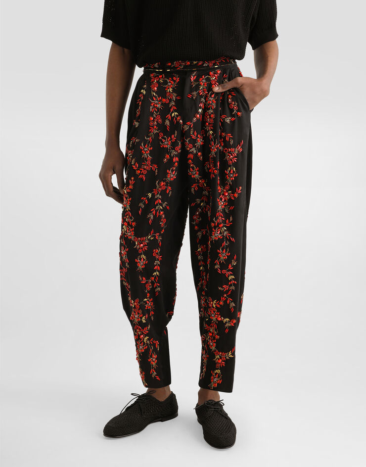 Dolce & Gabbana Cotton twill pants with coral embroidery Multicolor GP11RZGJ267