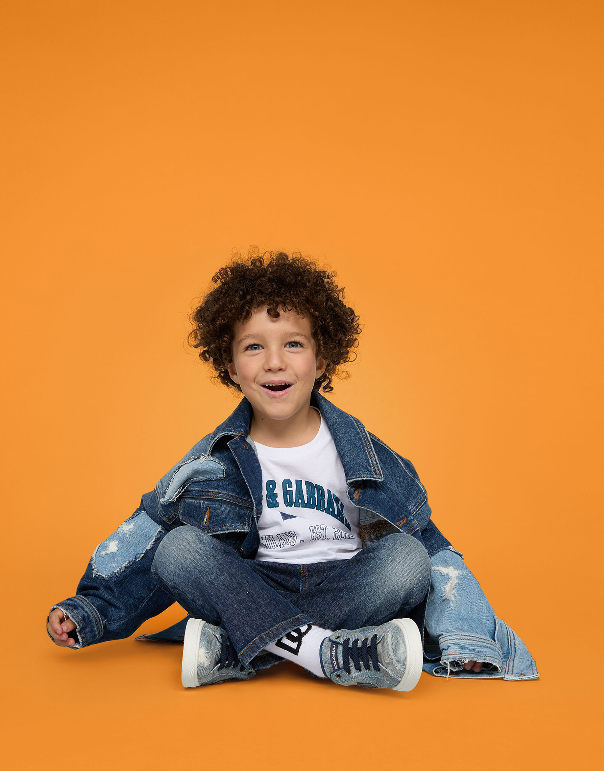 Blue patchwork denim jacket in Multicolor for Boys Dolce Gabbana