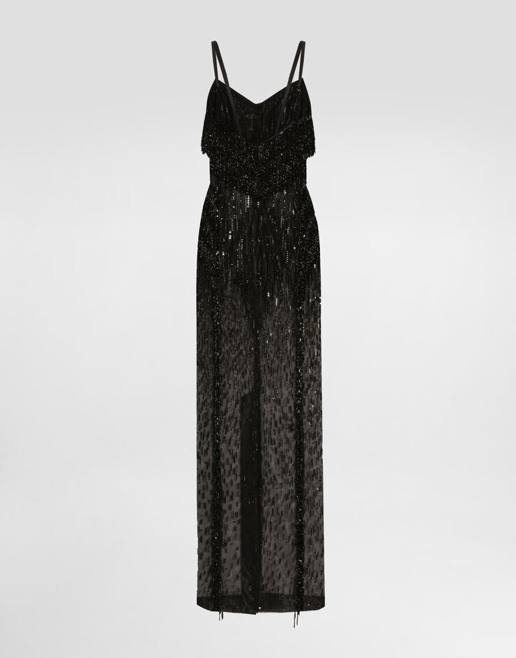 Dolce & Gabbana فستان ماركيزيت طويل مُزين بشراشيب بترتر أسود F6TPAZGDC1E
