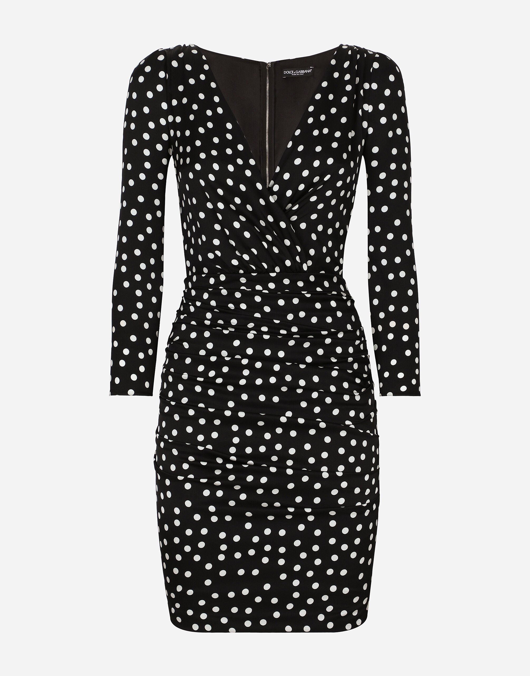 Short charmeuse dress with draped detailing and micro polka