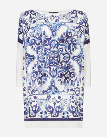 Dolce & Gabbana Rundhalspullover aus Seidentwill mit Majolika-Print Mehrfarbig FXH14TJAST9