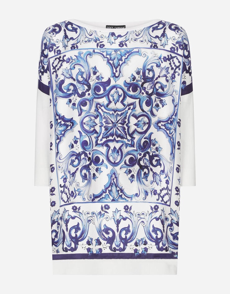 Dolce & Gabbana Silk twill crew-neck pullover with majolica print Multicolor FXH14TJAST9