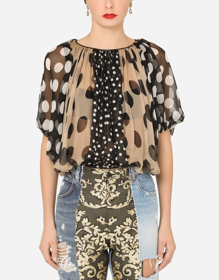 Dolce & Gabbana Short-sleeved patchwork chiffon blouse BLEU F75B1TGDX68