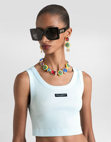 Dolce & Gabbana توب بدون أكمام قصير من قطن بشعار Azure F8W40TGDDVK