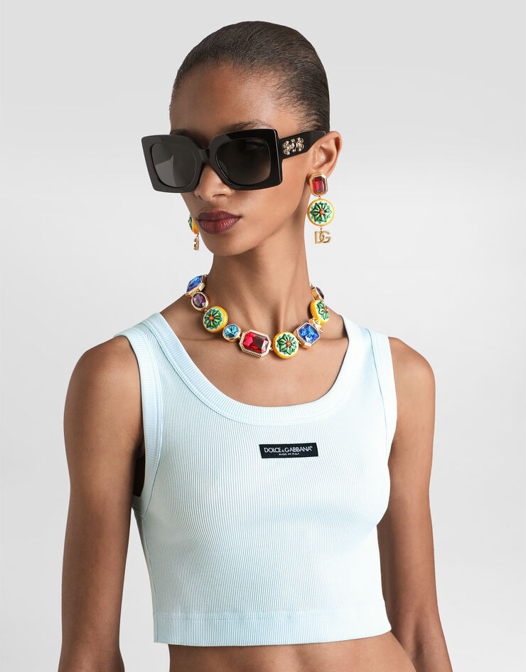 Dolce & Gabbana توب بدون أكمام قصير من قطن بشعار Azure F8W40TGDDVK