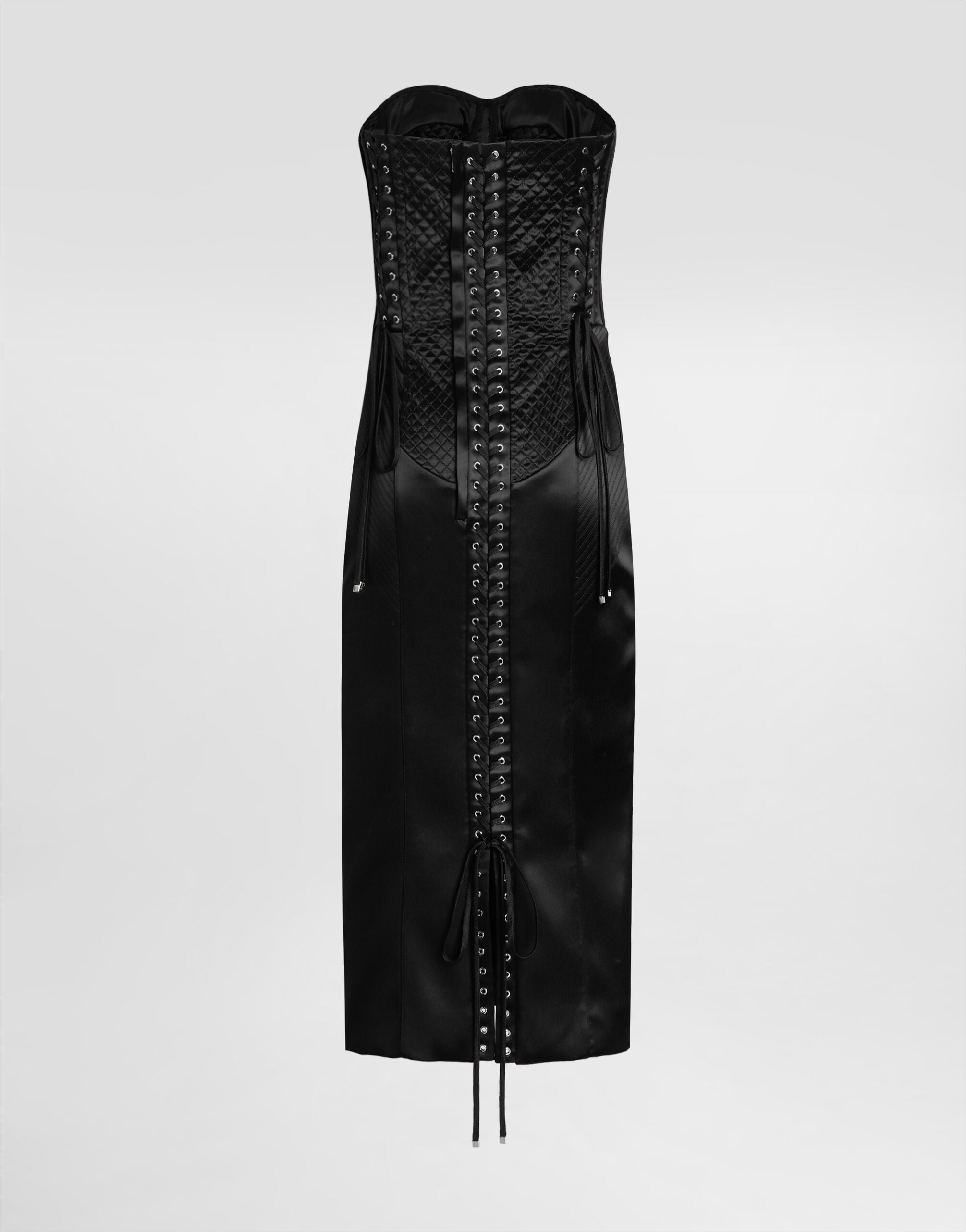 Strapless satin dress with corset details in Black for Women
