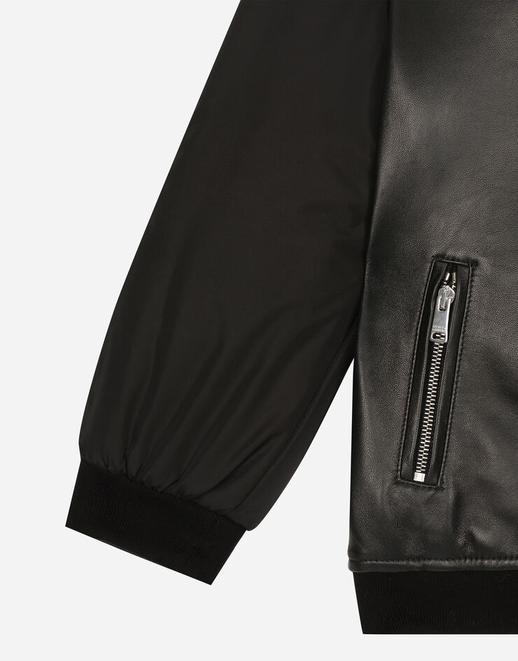 Dolce & Gabbana ボンバージャケット フード レザー＆ナイロン ロゴパッチ ブラック L42B03G7VYF