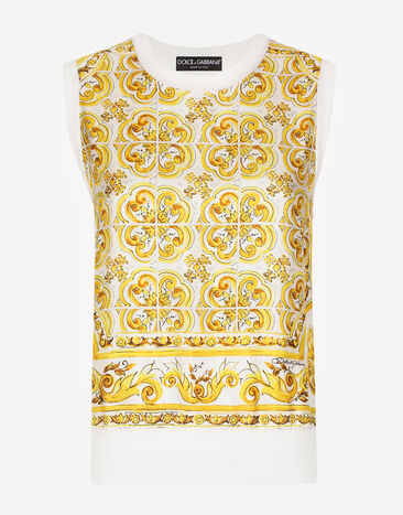 Dolce & Gabbana Camiseta sin mangas de seda con panel frontal en sarga de seda con estampado Maiolica Imprima F8U74TII7EP