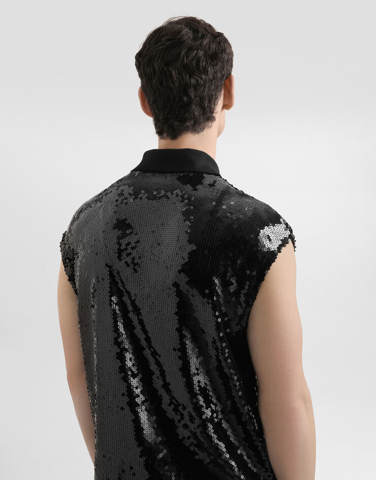 Dolce & Gabbana Sleeveless polo with sequins Black G8ST8TFLSEP