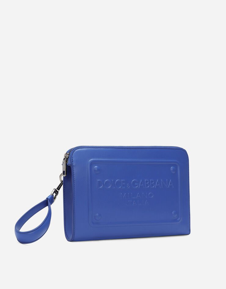 Dolce & Gabbana Small calfskin pouch with raised logo Blue BM1751AG218